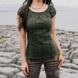 Celtic Pagan Cotton Green Corset Puff Sleeve Blouse